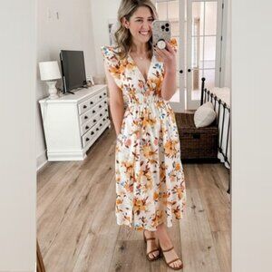 NWOT Abercrombie & Fitch Maxi Dress Floral Ruffled Sleeve Pockets Size M Yellow